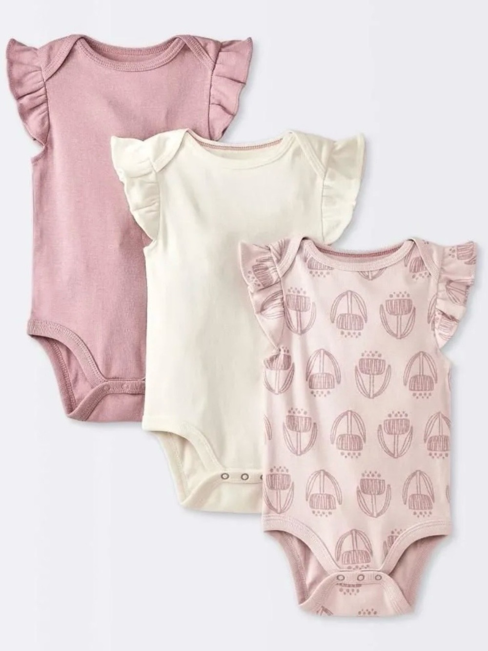 3-Pack Cloud Island Ruffle Sleeve One-Piece Bodysuits - Pink & Cream